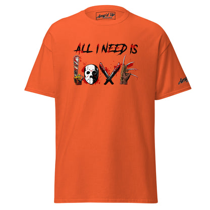 Orange All I Need Is Love T-Shirt by Amp'd Up Custom with horror-themed graphic design