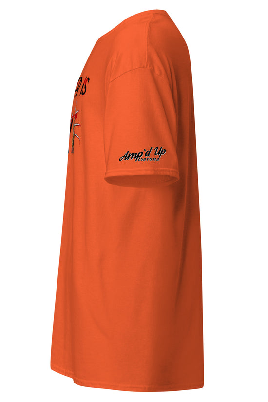 Side view of Amp'd Up Custom orange All I Need Is Love T-Shirt with logo on sleeve