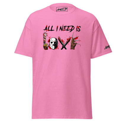 Pink All I Need Is Love T-Shirt by Amp'd Up Custom with horror-themed graphic design