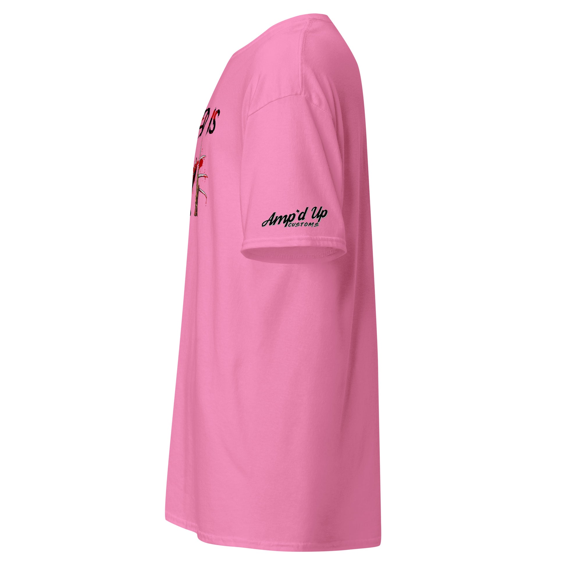Pink All I Need Is Love T-Shirt by Amp'd Up Custom with logo on the sleeve side view