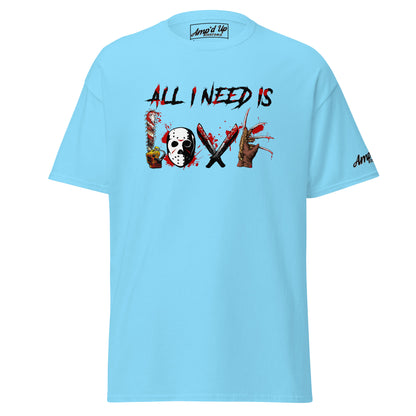 Light blue All I Need Is Love T-Shirt by Amp'd Up Custom with horror-themed graphic design