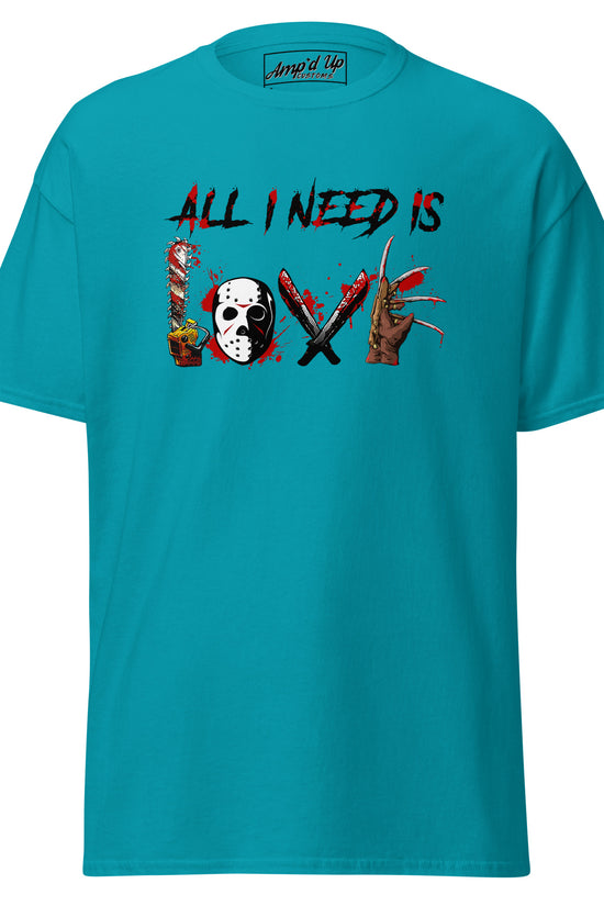 Amp'd Up Custom All I Need Is Love T-Shirt in teal with horror-themed graphic design