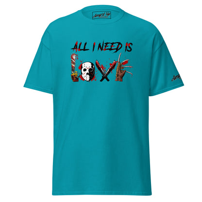 Amp'd Up Custom All I Need Is Love T-Shirt in teal with horror-themed graphic design