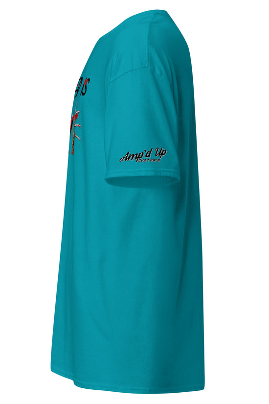 Amp'd Up Custom All I Need Is Love T-Shirt in teal with short sleeves and logo on sleeve