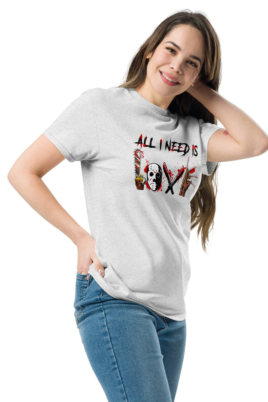 Woman wearing white All I Need Is Love T-Shirt by Amp'd Up Custom with artistic text design