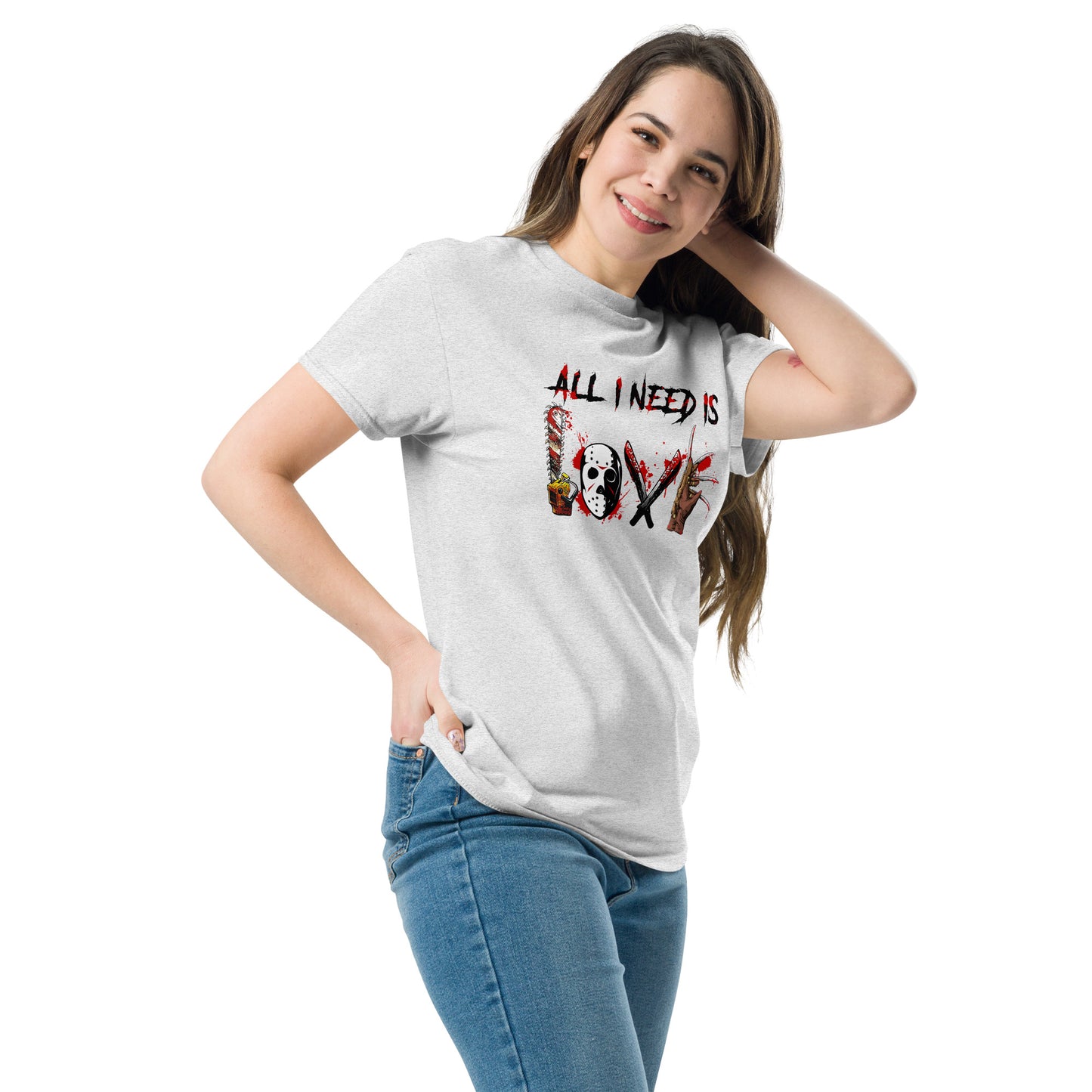 Woman wearing white All I Need Is Love T-Shirt by Amp'd Up Custom with artistic text design