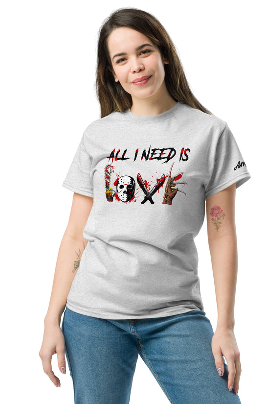 Woman wearing All I Need Is Love T-Shirt with horror movie themed letters in gray