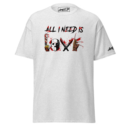 Amp'd Up Custom All I Need Is Love T-Shirt with horror-themed graphic on white fabric