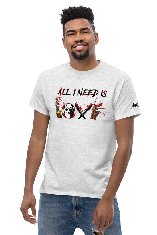 Man wearing white All I Need Is Love T-Shirt with graphic text and Amp'd Up Custom logo on sleeve