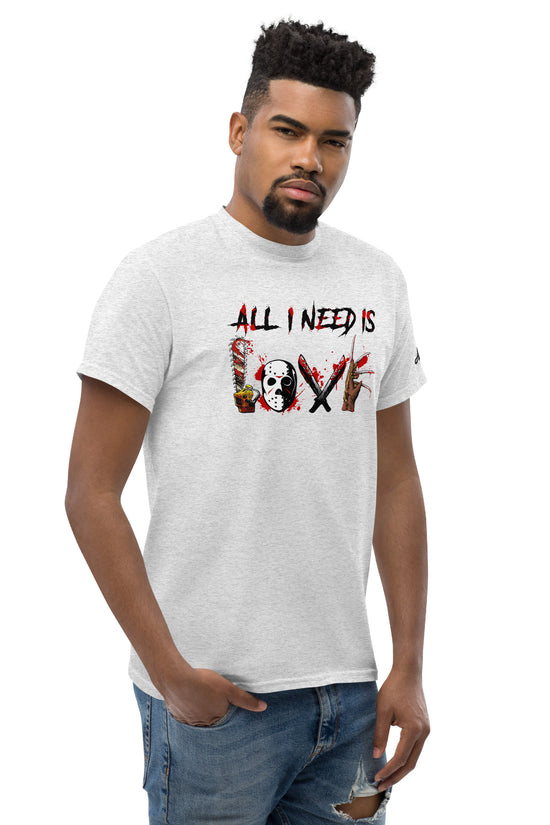 Man wearing All I Need Is Love T-Shirt by Amp'd Up Custom with graphic text design in white