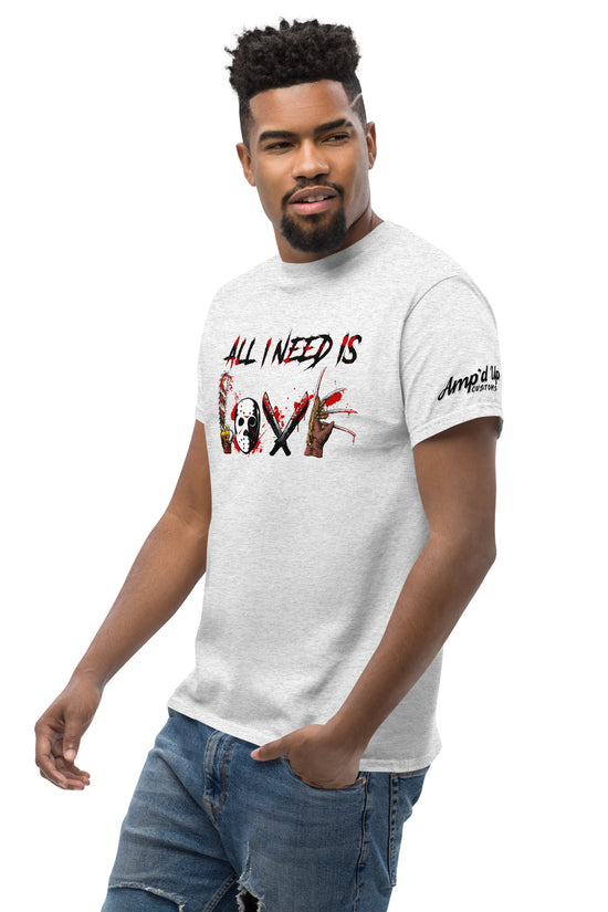 Man wearing Amp'd Up Custom All I Need Is Love T-Shirt in white with graphic print and short sleeves