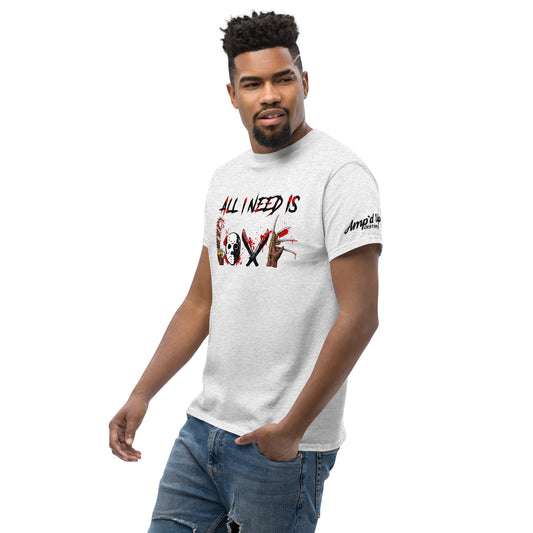 Man wearing Amp'd Up Custom All I Need Is Love T-Shirt in white with graphic print and short sleeves