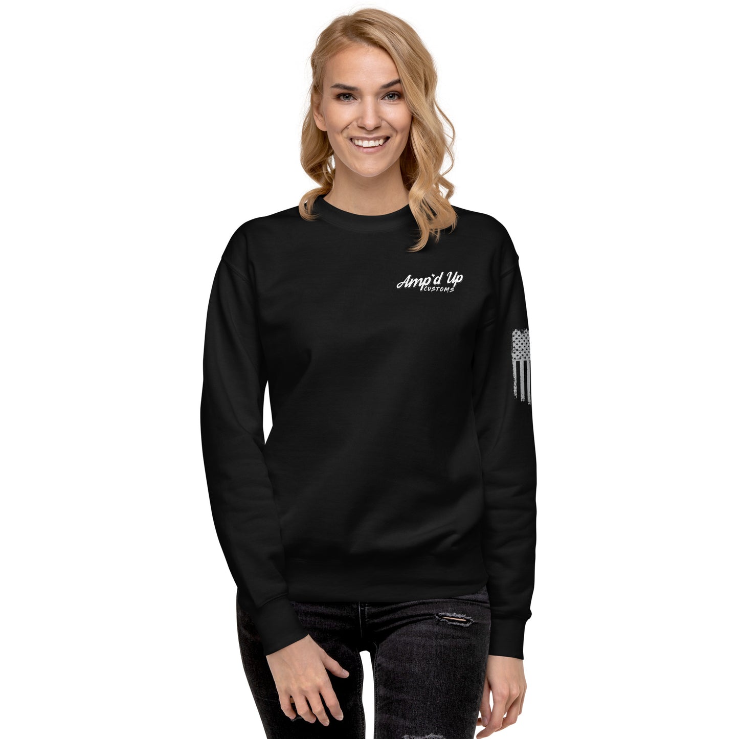 Woman wearing black Amp'd Up Custom Classic Sweatshirt crewneck with small chest logo and flag sleeve