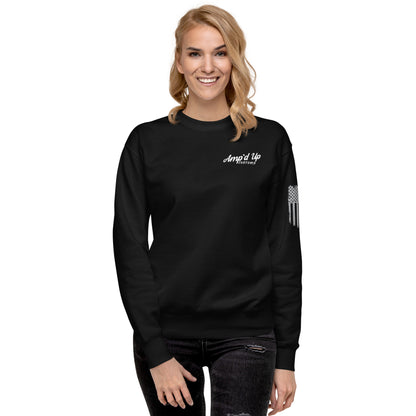 Woman wearing black Amp'd Up Custom Classic Sweatshirt crewneck with small chest logo and flag sleeve