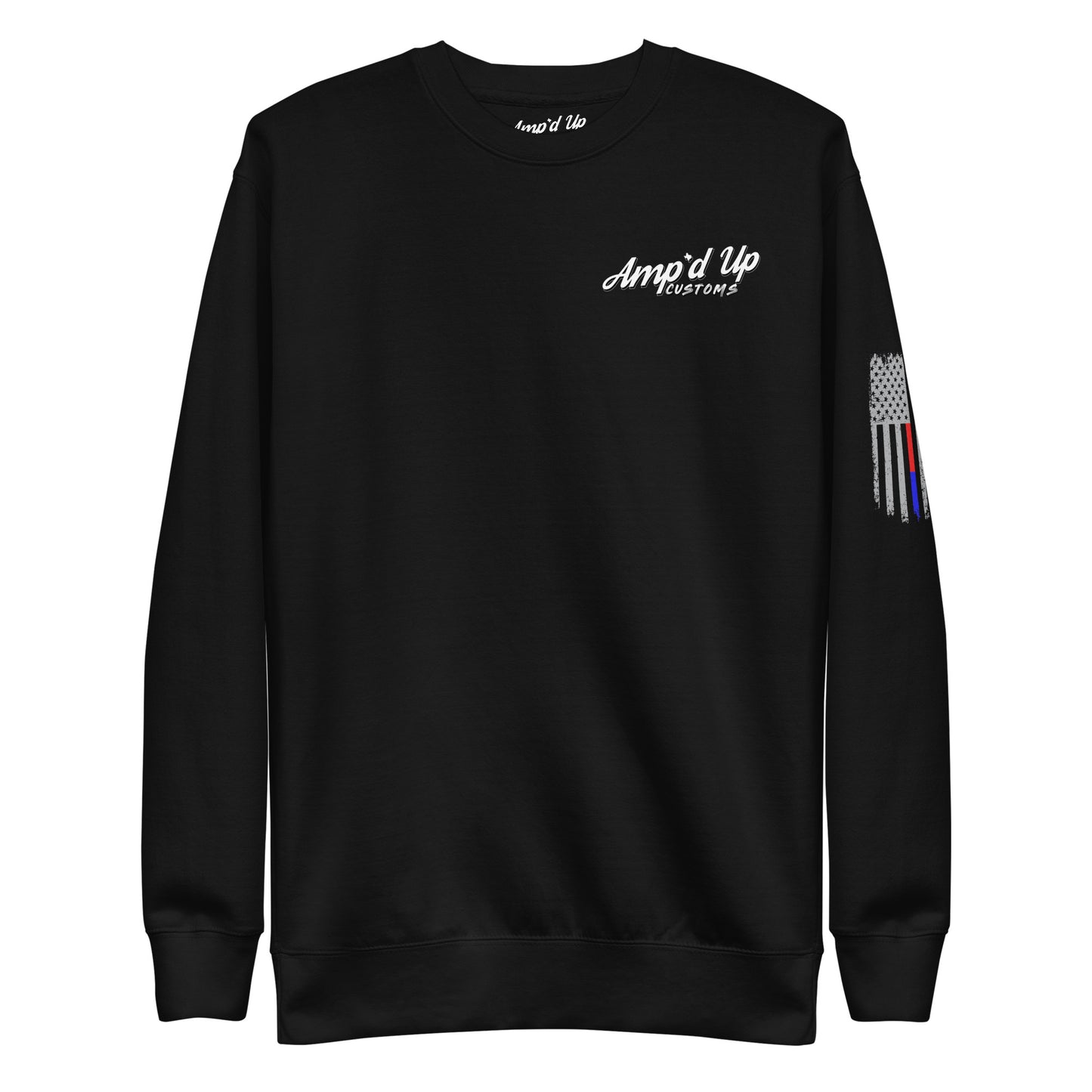 Amp'd Up Custom Classic Sweatshirt black crewneck with white chest logo and flag sleeve stripe detail