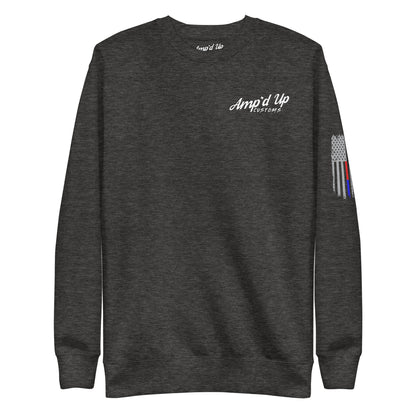 Amp'd Up Custom Classic Sweatshirt charcoal crewneck with white script logo on chest and thin blue red flag on sleeve
