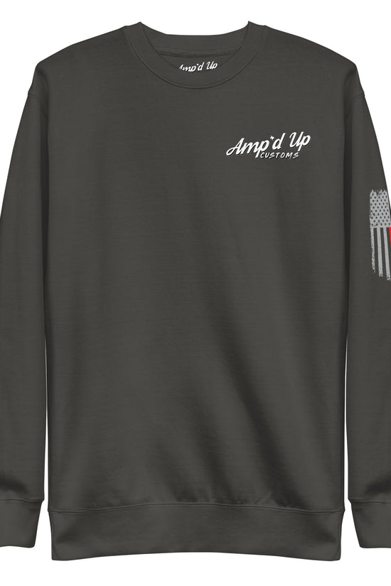 Amp'd Up Custom Classic Sweatshirt charcoal crewneck with white chest logo and thin line flag sleeve