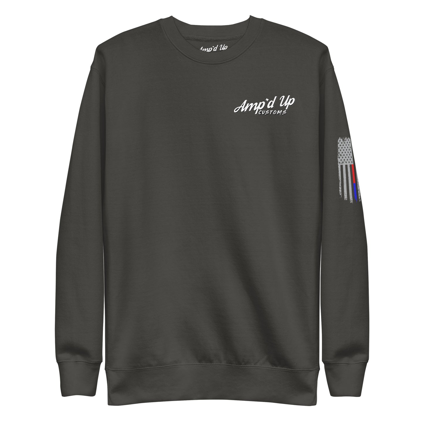 Amp'd Up Custom Classic Sweatshirt charcoal crewneck with white chest logo and thin line flag sleeve