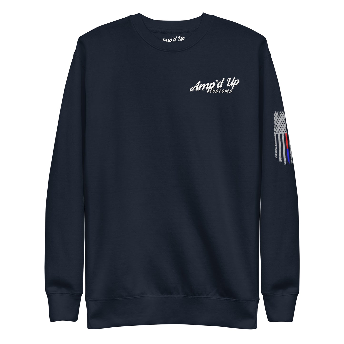 Navy crewneck Amp'd Up Custom Classic Sweatshirt with white chest logo and thin line American flag on sleeve