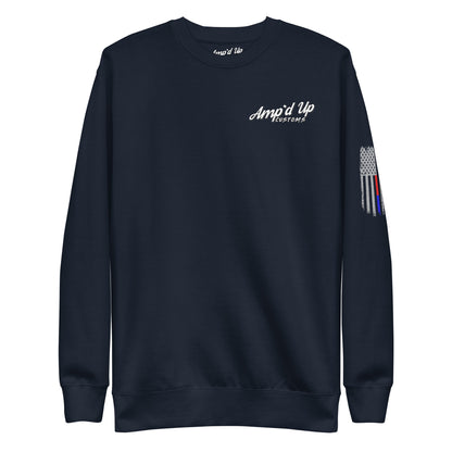 Navy crewneck Amp'd Up Custom Classic Sweatshirt with white chest logo and thin line American flag on sleeve