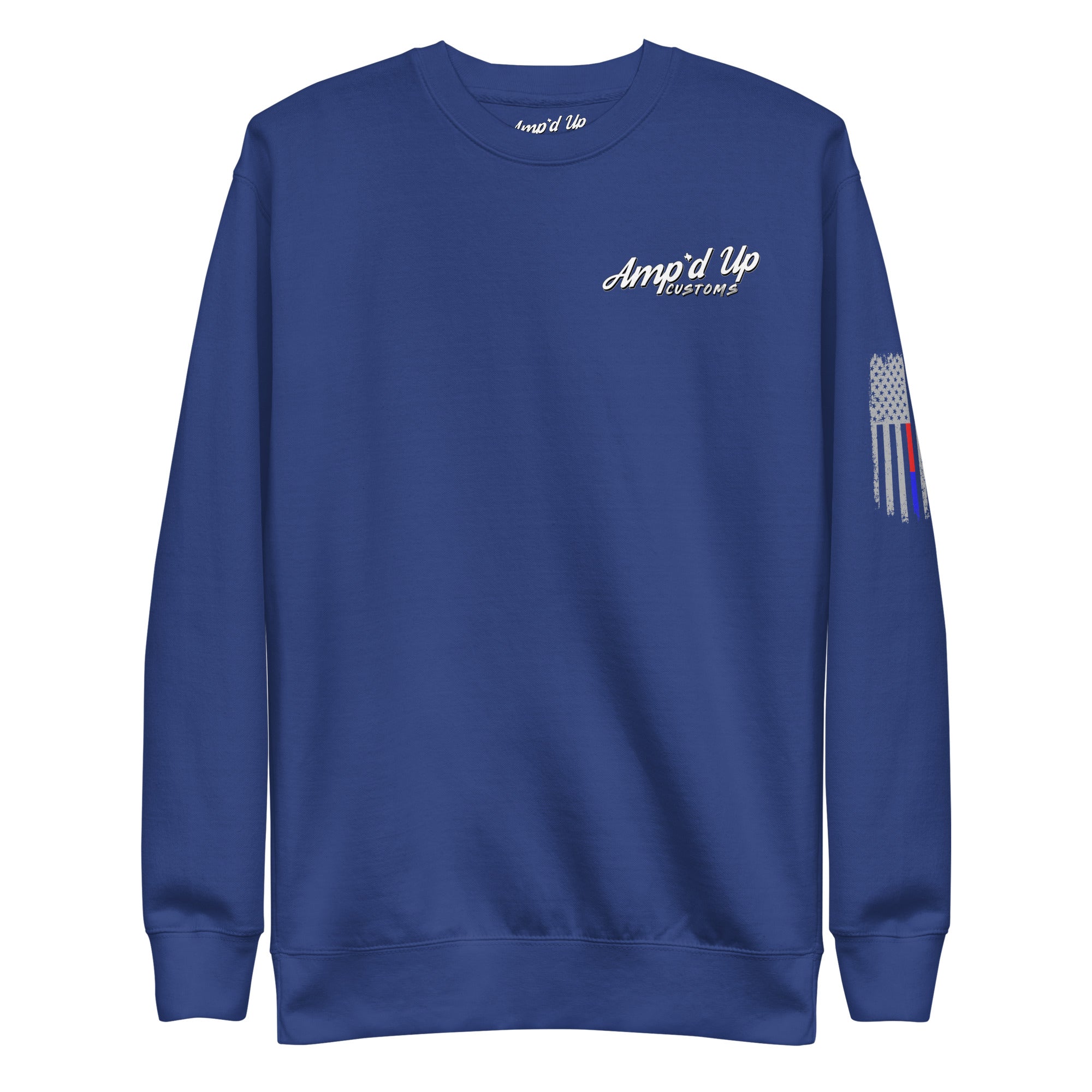 Amp'd Up Custom Classic Sweatshirt blue crewneck with small white logo on chest and thin red blue flag sleeve