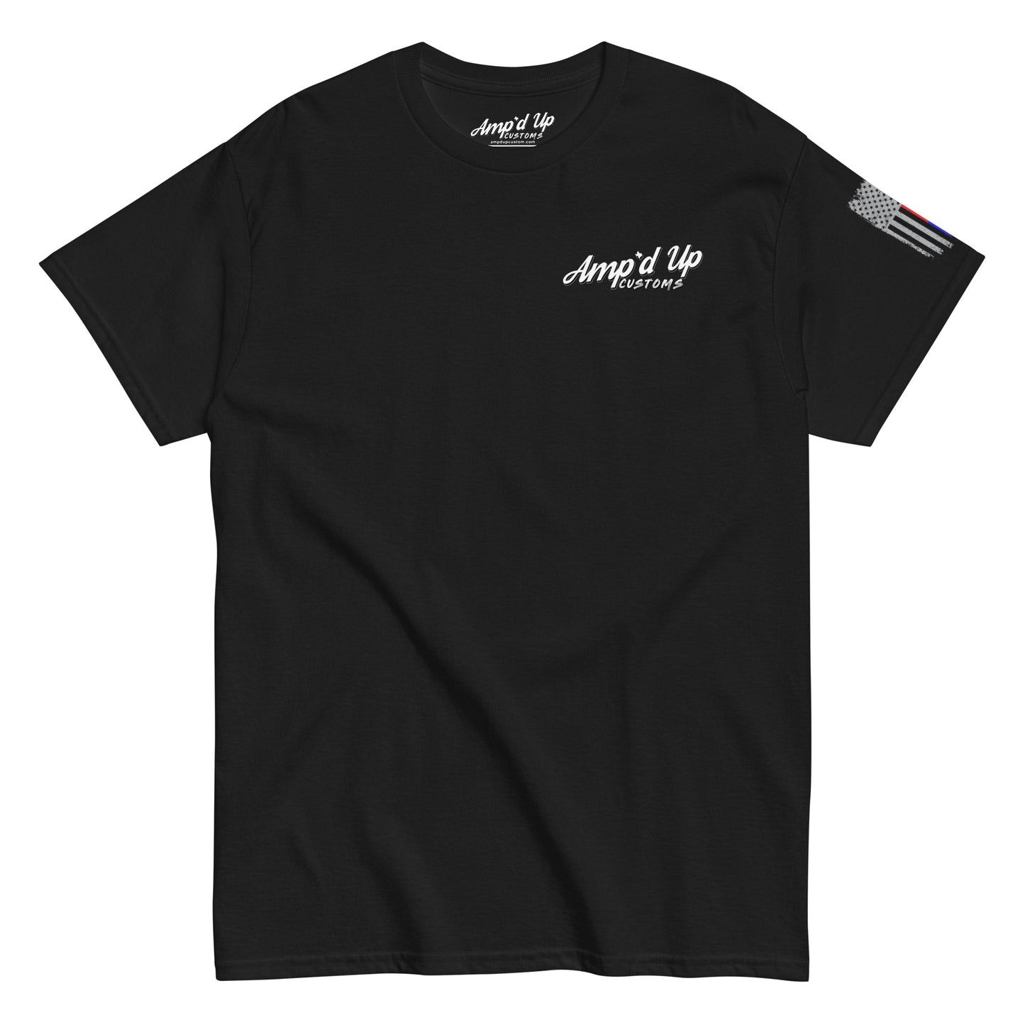 Amp'd Up Custom Classic T-Shirt black crew neck with white chest logo and thin blue red flag sleeve