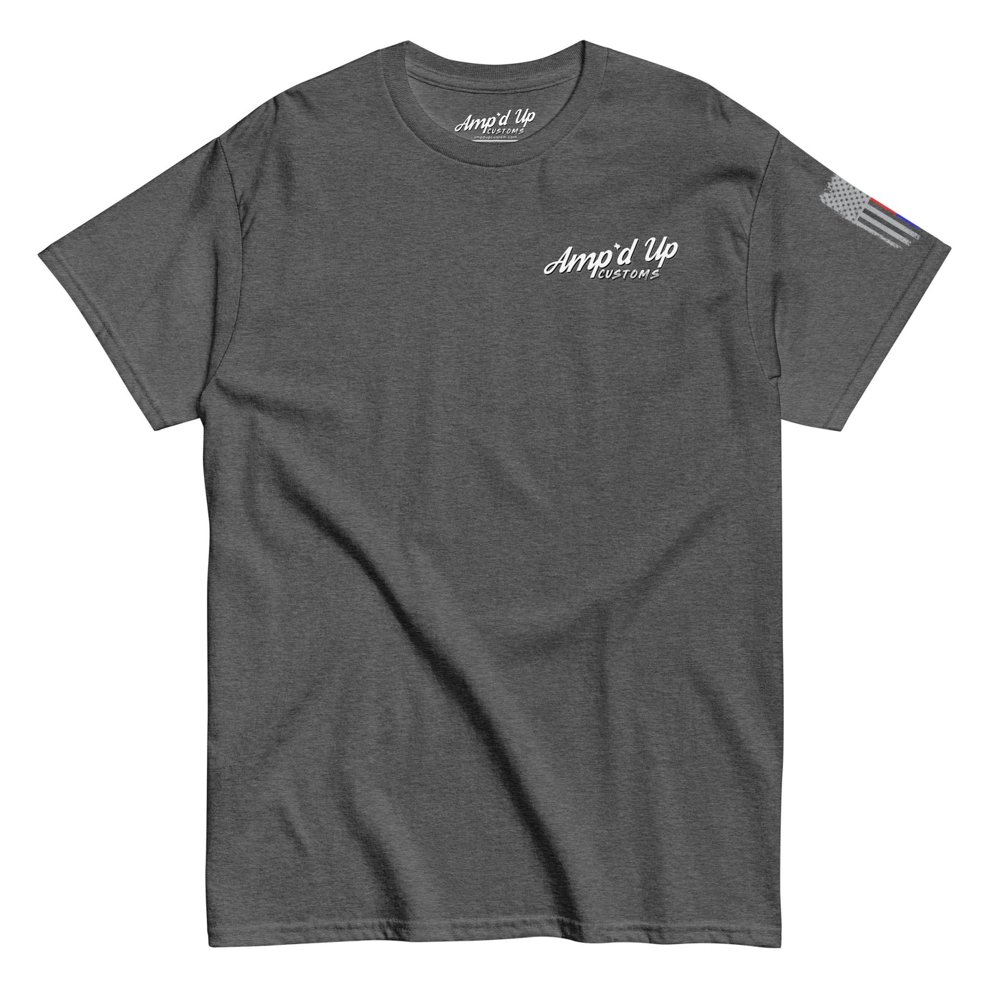 Amp'd Up Custom Classic T-Shirt dark heather gray crew neck with small white chest logo and sleeve flag detail for casual wear