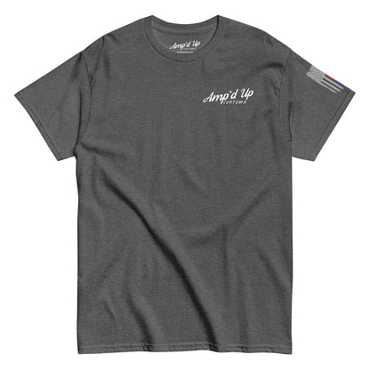 Amp'd Up Custom Classic T-Shirt dark heather gray crew neck with small white chest logo and sleeve flag detail for casual wear