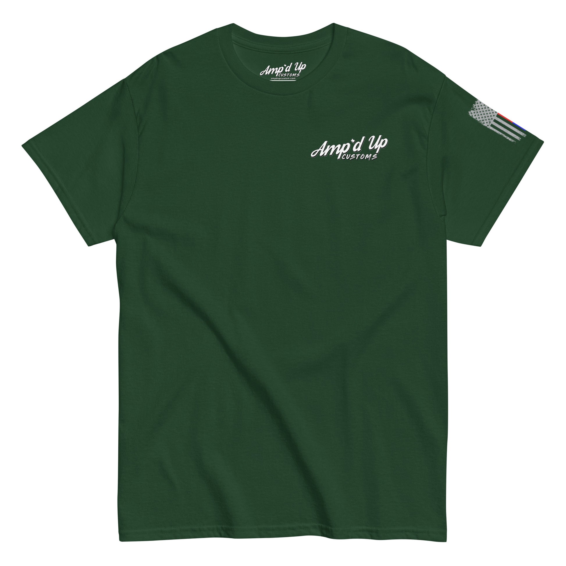 Amp'd Up Custom Classic T-Shirt forest green crew neck with white chest logo and small flag sleeve print