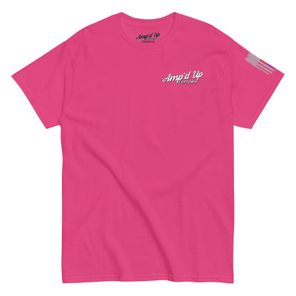 Pink short sleeve crew neck Amp'd Up Custom Classic T-Shirt with small chest logo and flag sleeve print
