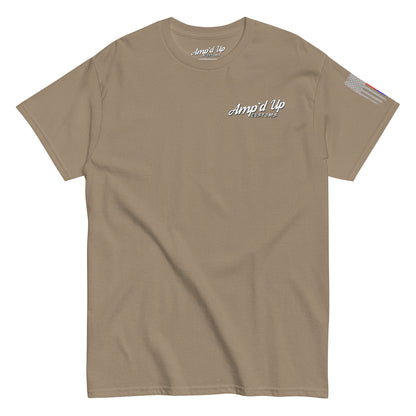 Amp'd Up Custom Classic T-Shirt tan crew neck with small white script logo on chest and flag sleeve print