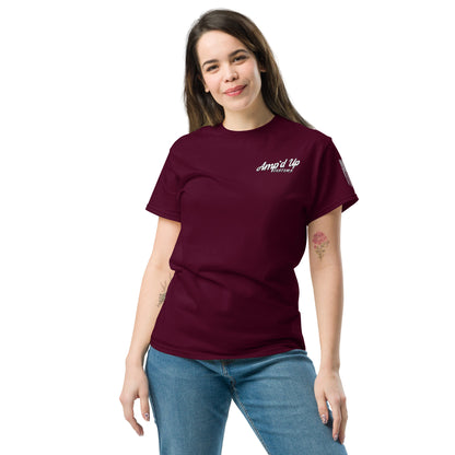 Woman wearing maroon Amp'd Up Custom Classic T-Shirt with white chest logo casual fit paired with jeans