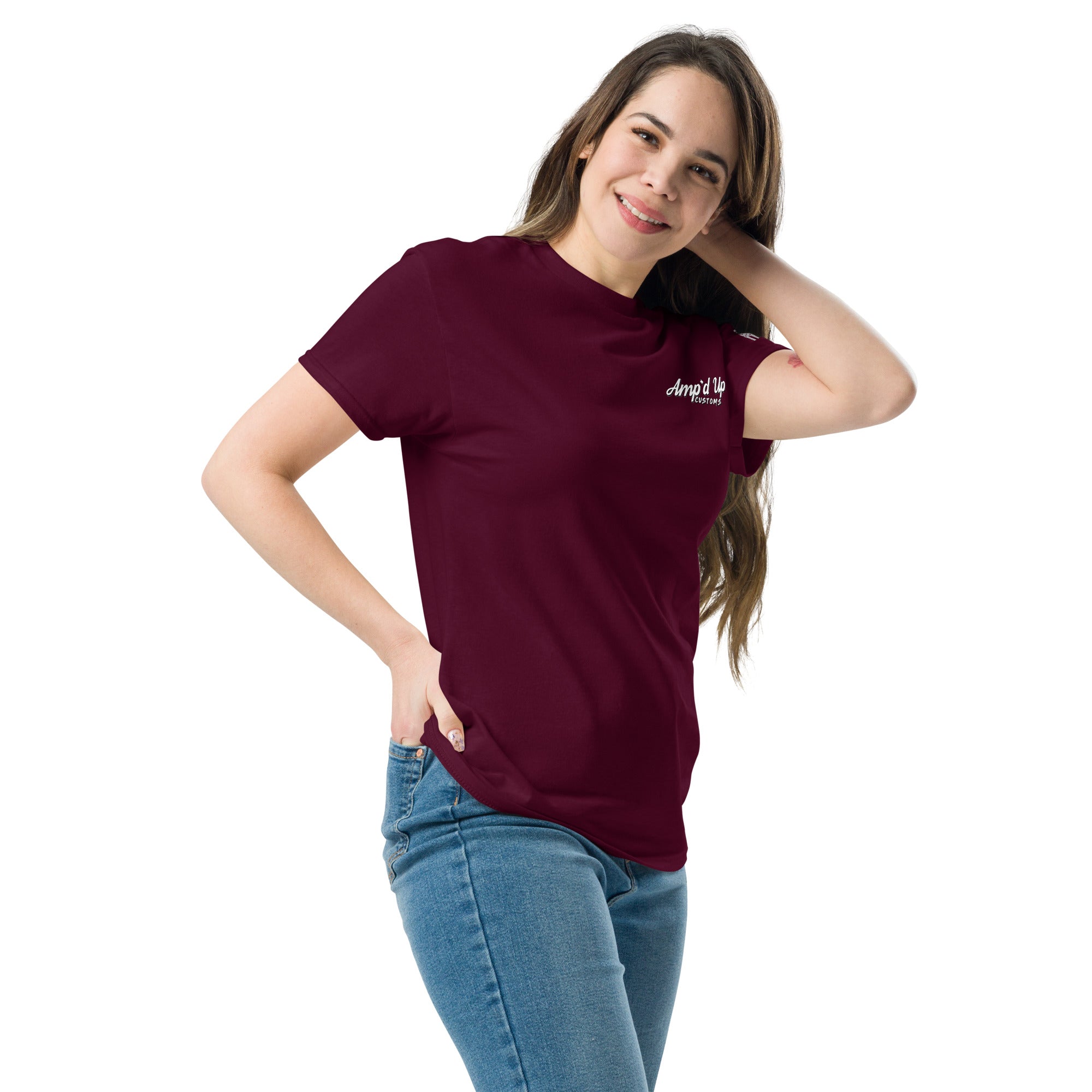 Woman wearing maroon Amp'd Up Custom Classic T-Shirt with small white logo on chest paired with blue jeans