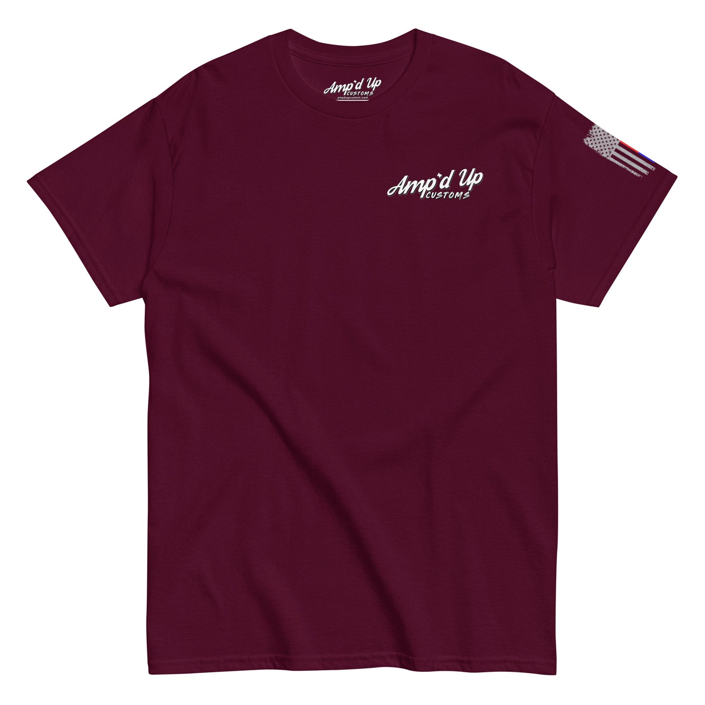 Amp'd Up Custom Classic T-Shirt maroon crew neck with small left chest logo and American flag sleeve patch