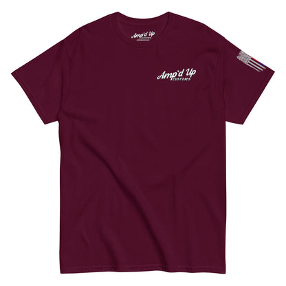 Amp'd Up Custom Classic T-Shirt maroon crew neck with small left chest logo and American flag sleeve patch