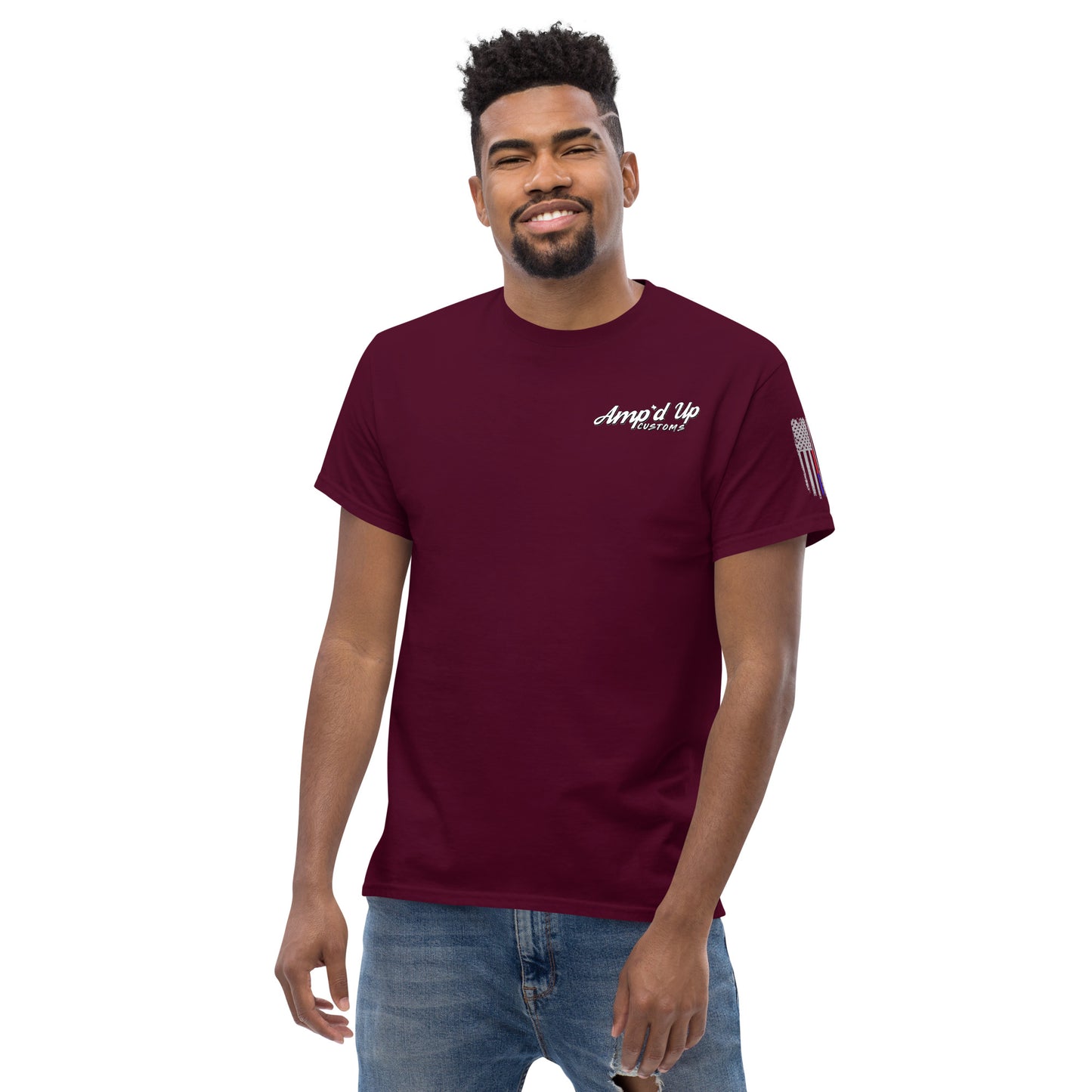 Amp'd Up Custom Classic T-Shirt maroon crew neck tee with small white chest script logo and flag sleeve print