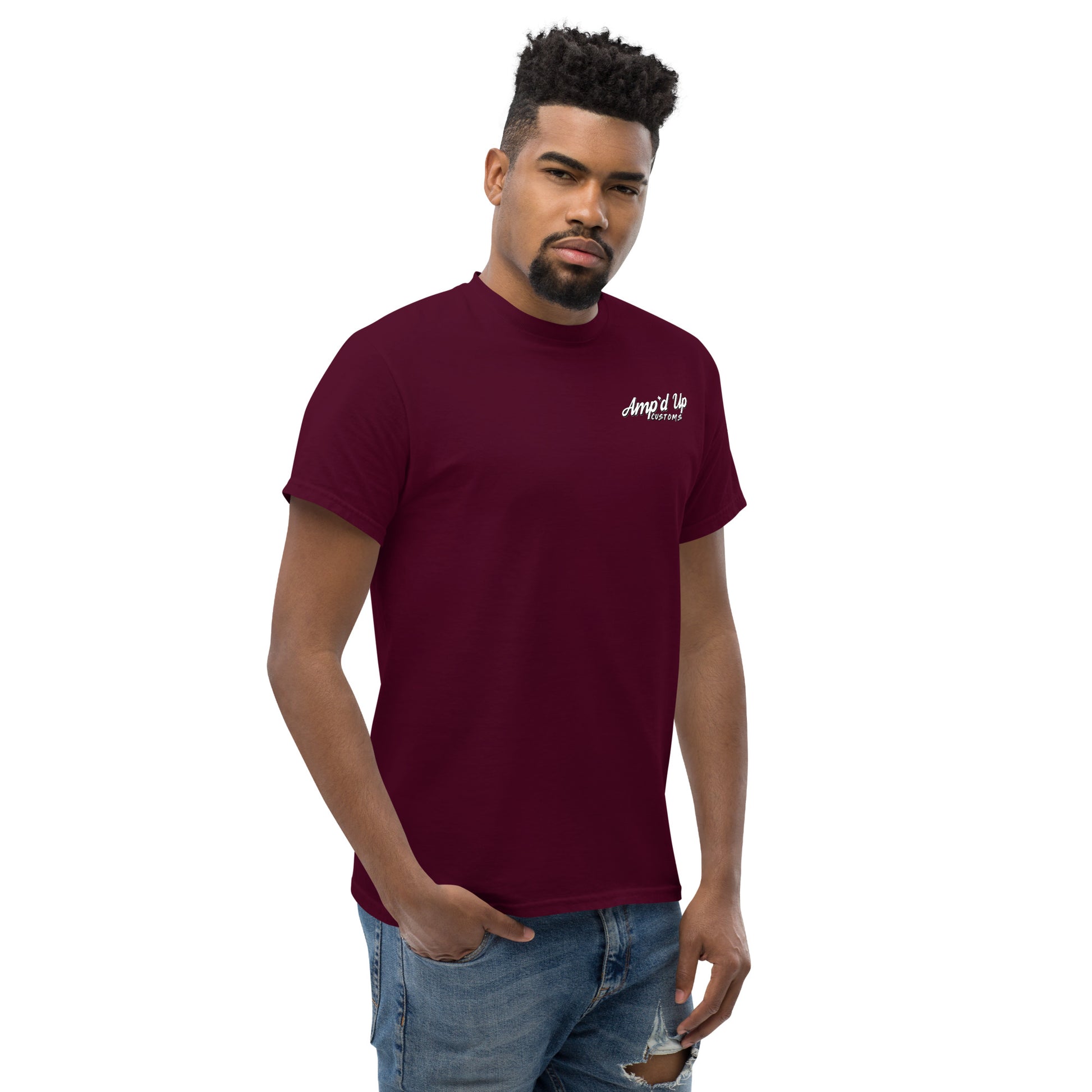 Male model wearing maroon Amp'd Up Custom Classic T-Shirt with small white chest logo and ripped jeans