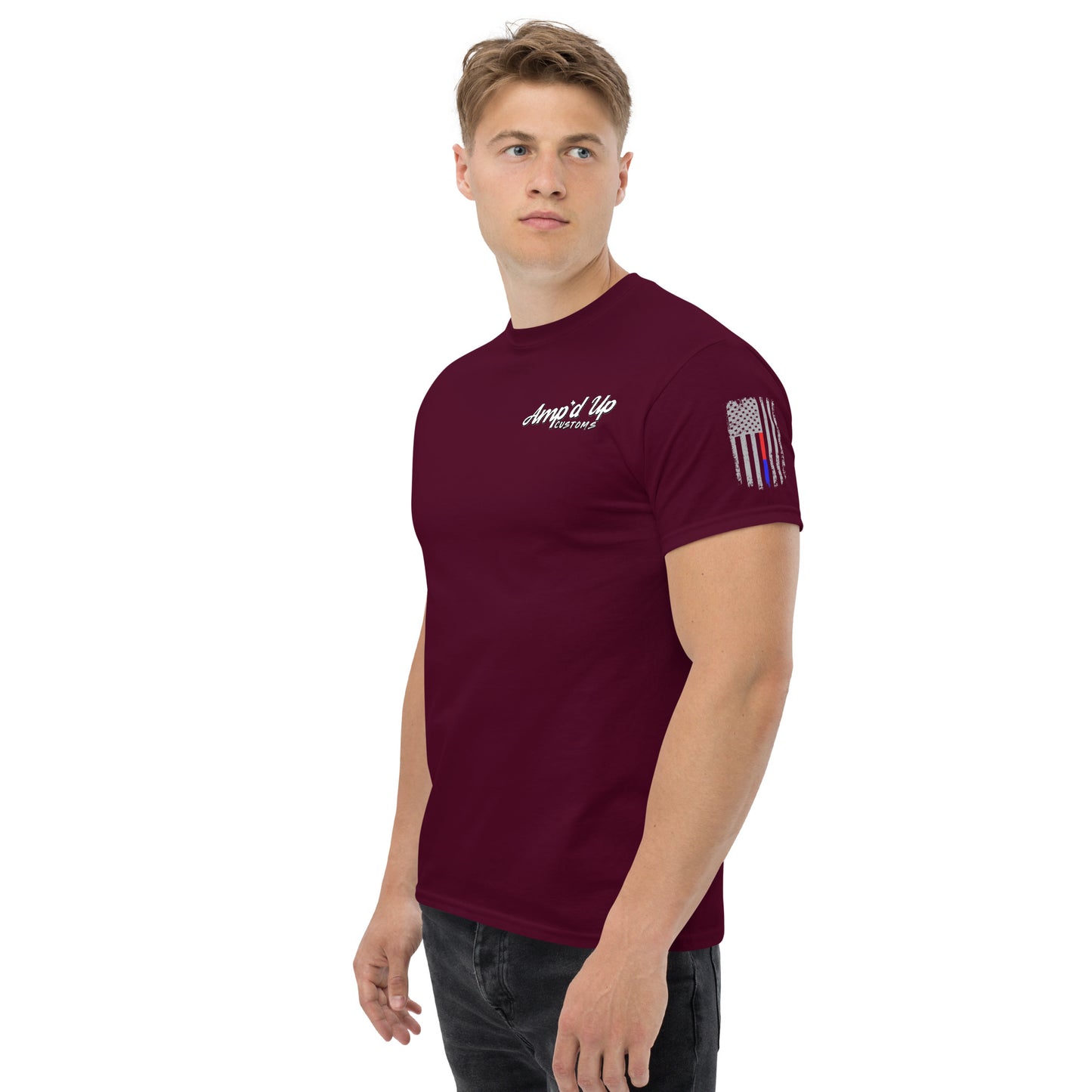 Male model wearing maroon Amp'd Up Custom Classic T-Shirt with white chest logo and American flag sleeve graphic