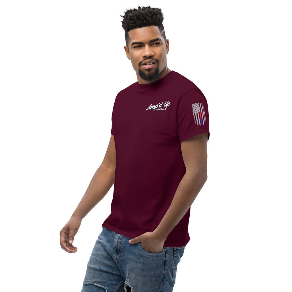 A male model wearing Amp'd Up Custom Classic T-Shirt in burgundy with chest logo and American flag sleeve