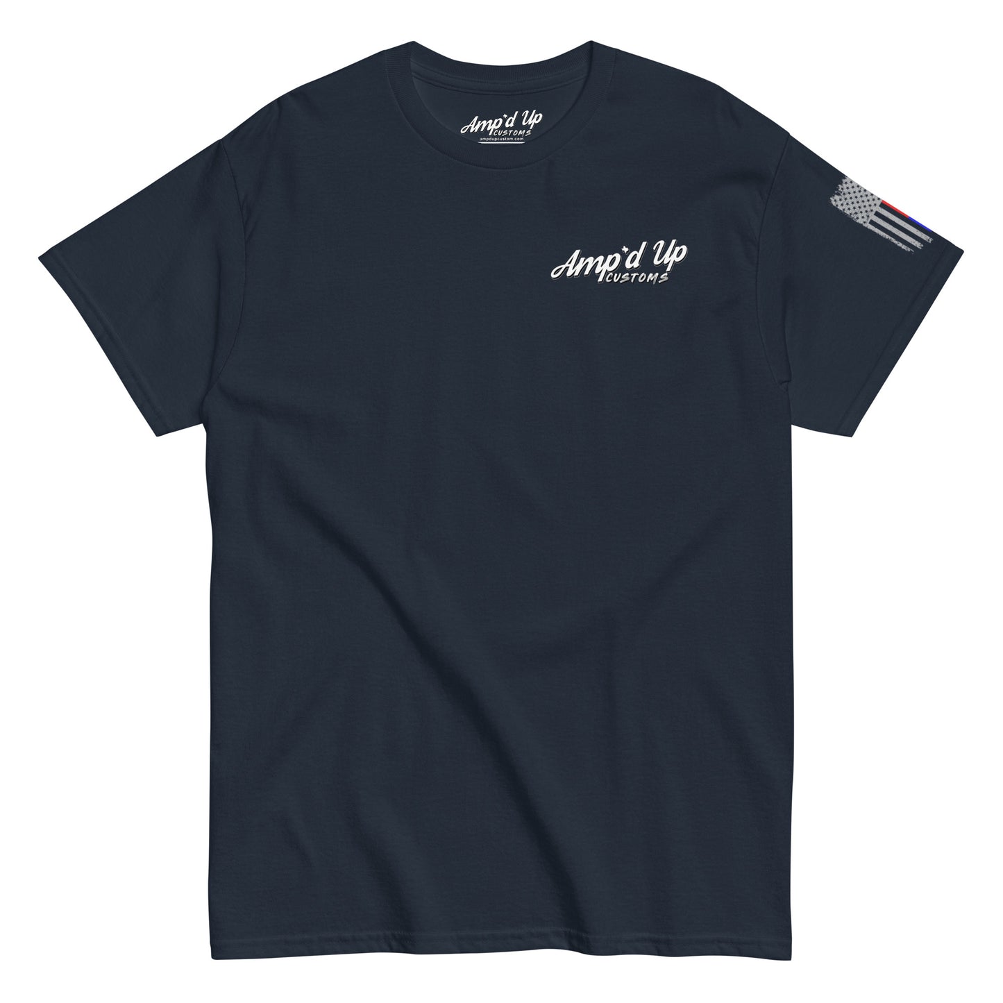 Amp'd Up Custom Classic T-Shirt navy crewneck with small left chest script logo and American flag sleeve stripe
