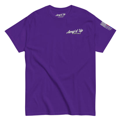 Amp'd Up Custom Classic T-Shirt purple crew neck with small white chest logo and American flag sleeve print