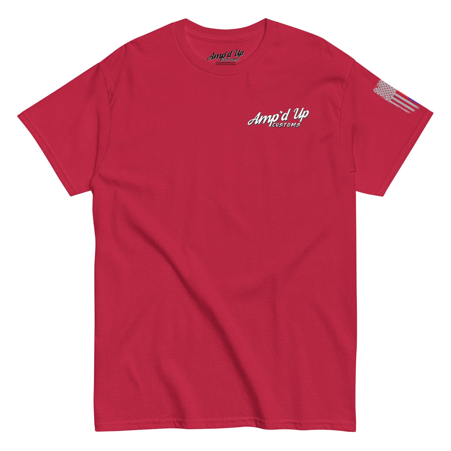 Amp'd Up Custom Classic T-Shirt red crew neck with white chest logo and American flag on right sleeve