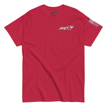 Amp'd Up Custom Classic T-Shirt red crew neck with white chest logo and American flag on right sleeve