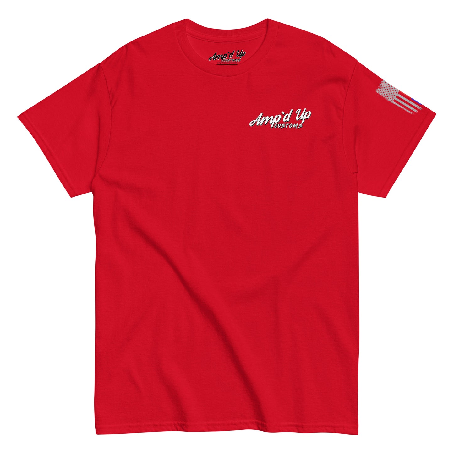 Red crew neck Amp'd Up Custom Classic T-Shirt with small white chest logo and American flag sleeve