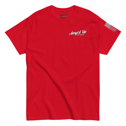 Red crew neck Amp'd Up Custom Classic T-Shirt with small white chest logo and American flag sleeve