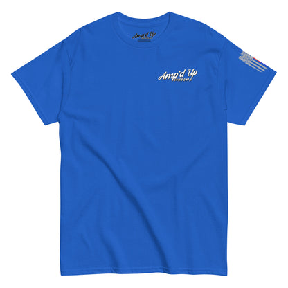 Amp'd Up Custom Classic T-Shirt blue crewneck with small white logo on chest and American flag sleeve