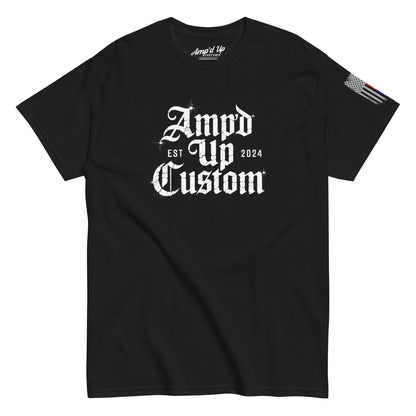 Black crew neck t-shirt with white gothic logo and small American flag on sleeve Amp'd Up Custom EST2024 T-Shirt