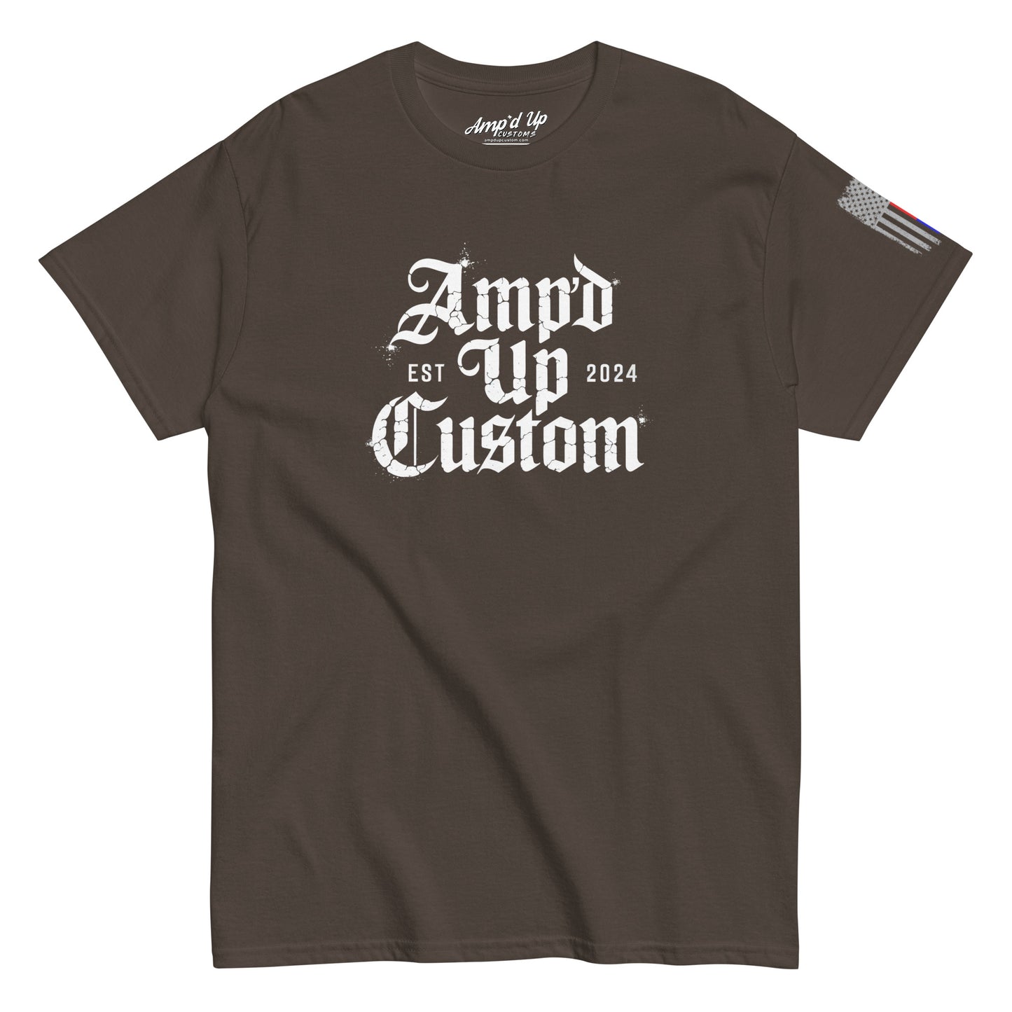 Amp'd Up Custom EST2024 T-Shirt brown crewneck with white gothic logo centered and sleeve flag patch