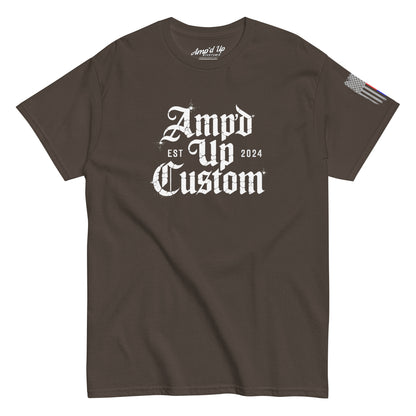Amp'd Up Custom EST2024 T-Shirt brown crewneck with white gothic logo centered and sleeve flag patch