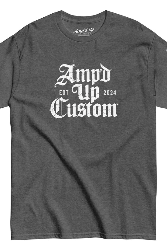 Amp'd Up Custom EST2024 T-Shirt charcoal gray crewneck with white gothic logo and sleeve flag